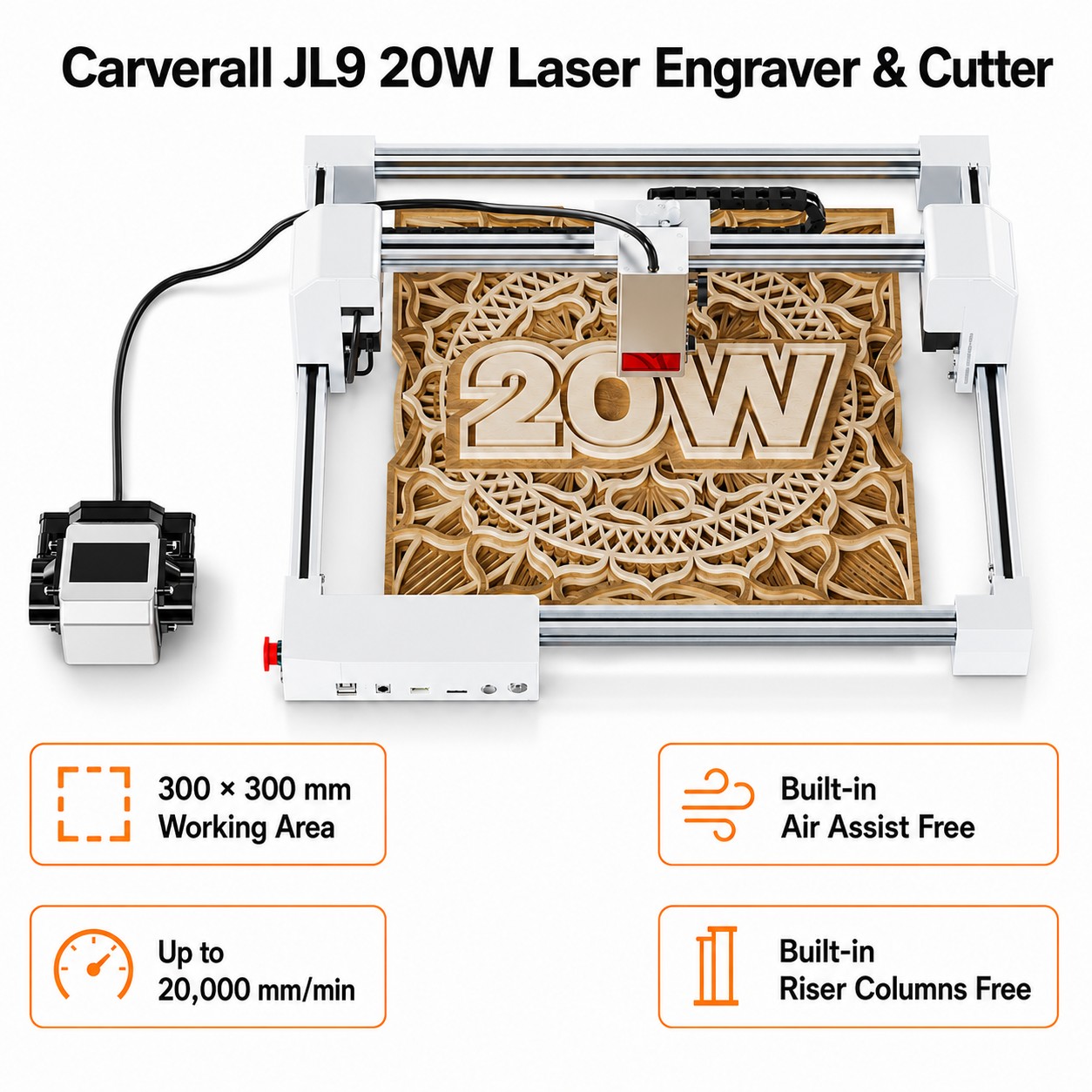 Industrial Laser Solutions - Carverall JL9 20W レーザー彫刻機・カッター、300x300mm デスクトップレーザー彫刻機、デュアルモーター駆動、エアアシスト、0.01mmの精度、3つのフォーカスモード、WiFi/アプリ/LightBurn/CutLabX対応、木材・アクリル・革のDIYや小規模ビジネス向け