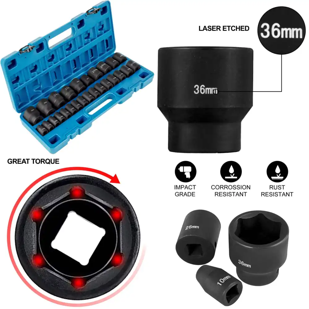 Industrial Laser Etching - メートル規格インパクトソケットセット、CR-V鋼製6ポイント浅型ソケット、レーザー刻印サイズマーキング付き、自動車修理および工業用